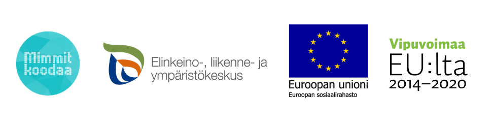 Mukana Mimmit koodaa, ELY-keskus, Euroopan sosiaalirahasto ja Vipuvoimaa EU:lta.