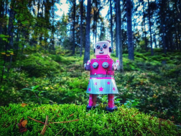 Pinkin ja harmaan värinen pieni robotti metsässä katse kameraan päin.